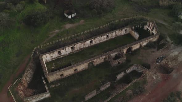 Aerial drone view of the abandoned mines of Mina de Sao Domingos, in Alentejo Portugal alt