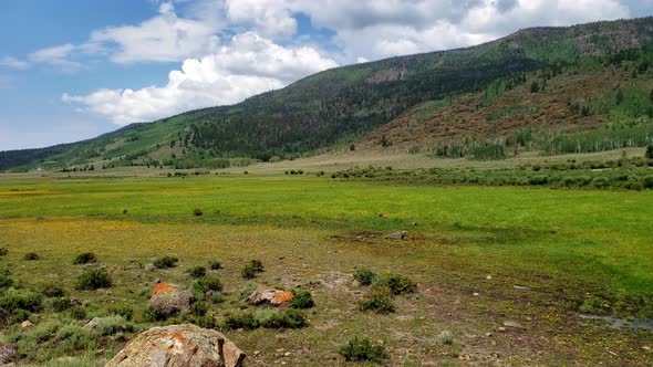 Fish Lake National Forest and scenic byway in slow panorama under blue summer sky alt