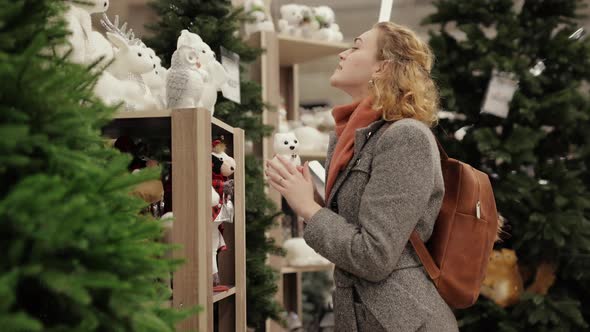 Woman Buyer Chooses a New Year Toys in a Store