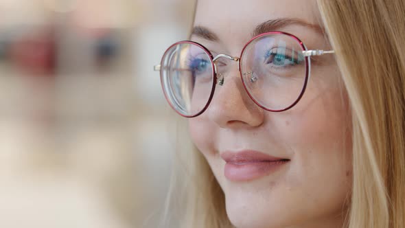 Extreme Closeup Face Smiling Young Girl in Glasses Caucasian Lady Satisfied with Service alt