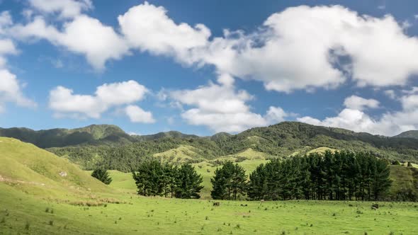 Sky Clouds over Green Mountains and Farm Land in New Zealand Nature Landscape alt