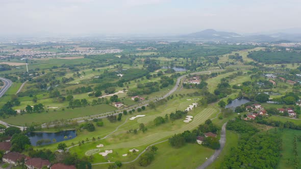 Aerial view of Golf Course Club and hotel resort. Green natural garden park