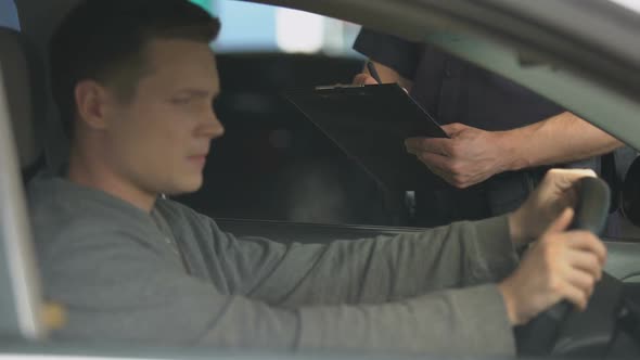 Police Officer Writing Ticket to Nervous Male Driver, Traffic Rules Brake, Road alt