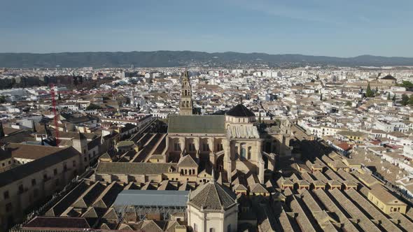 The iconic Great Mosque (Mezquita) in Cordoba, Spain; aerial fly-over