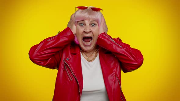 Elderly Stylish Granny Woman Scared Fearful Covering Ears Meeting Her Own Phobia Screaming Shouting alt