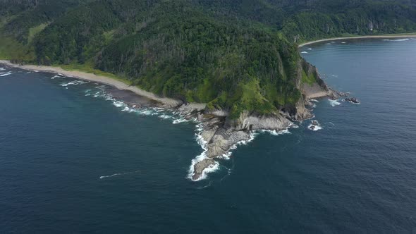 Volcanic Formation Cape Stolbchaty on Kunashir island, Lesser Kuril Chain, Russia.