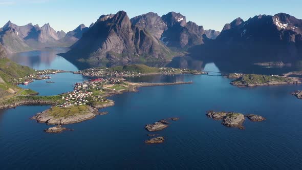 Above sea and view on the fishing village Reine and Hamnoya ,Lofoten Islands,Norway