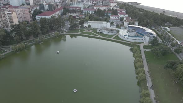 Batumi, Georgia - July 27 2020: Flying over the Batumi Dolphinarium and 6 May Park alt