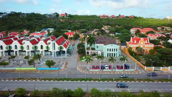 Aerial view of truck left of cars on the streets of Willemstad, capital of Curacao, Dutch Caribbean alt