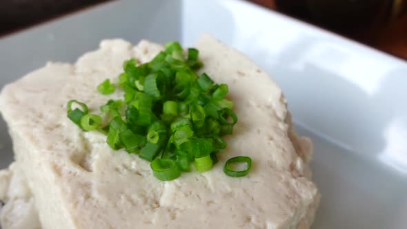 Eating Home Made Soft Tofu Japanese Style Healthy Food Eat With Scallions