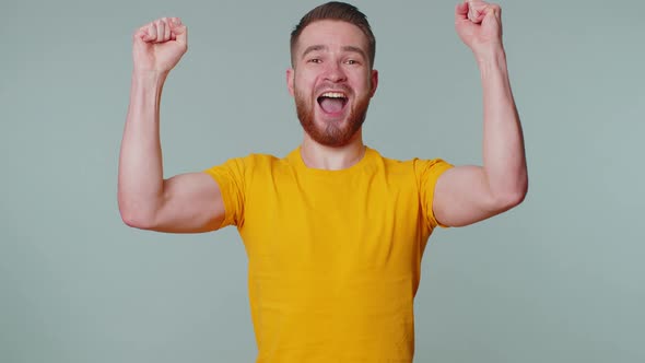 Countdown to Holiday Birthday Celebration Happy Man Counting in Reverse Order From Five to One Win alt