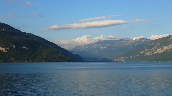 Time lapse view lake Thun (Thunersee) and mountains of Swiss Alps in city Spiez
