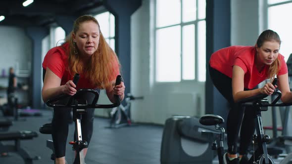 Group of Smiling Friends Women Class Exercising Training Spinning on Stationary Bike at Modern Gym alt