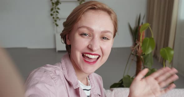 Portrait Happy Pretty Caucasian Woman Teen Girl Smiling Face Waving ...