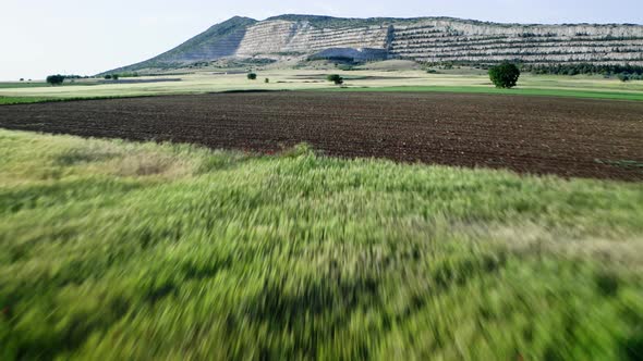 Drone view of flying low above fields with quarry hill on background. alt