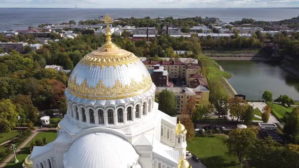 Aerial View of Orthodox Naval Cathedral of St. Nicholas. Built in 1903-1913. Kronshtadt, St