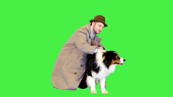 Detective Petting His Australian Shepherd Dog on a Green Screen Chroma Key