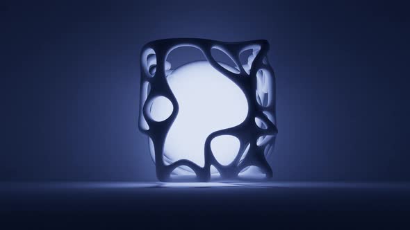 Modern Abstract Cube Structure Rotating Around Glowing Sphere of Light in Room Looping Background