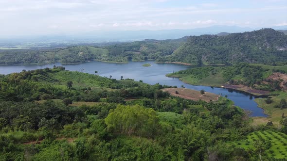 Aerial view from drone of Mae Suai Reservoir in Chiang rai province, Thailand