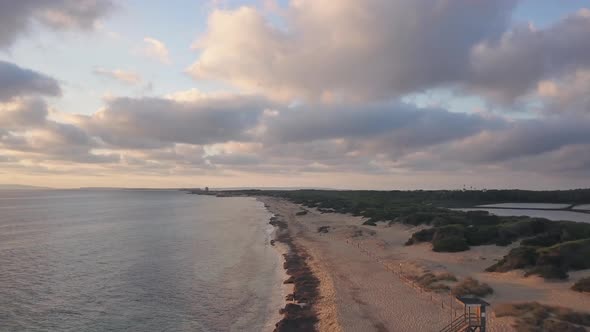 Tropical sand beach during sunrise. Aerial view of an empty beach in Ibiza. alt