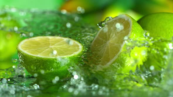 Super Slow Motion Shot of Water Splashing on Fresh Lime 1000Fps alt