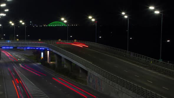 Lights Of Cars On The Road Of A Big Night City, Time Lapse, Bridge, Headlights