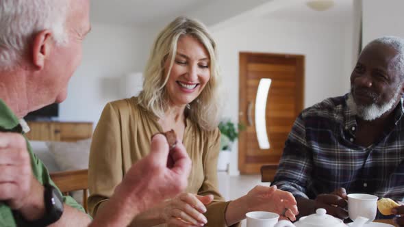 Two diverse senior couples sitting by a table drinking tea together at home alt