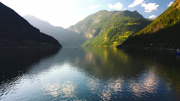 Panoramic drone landscape of Geiranger fjords, Geirangerfjord, Norway
