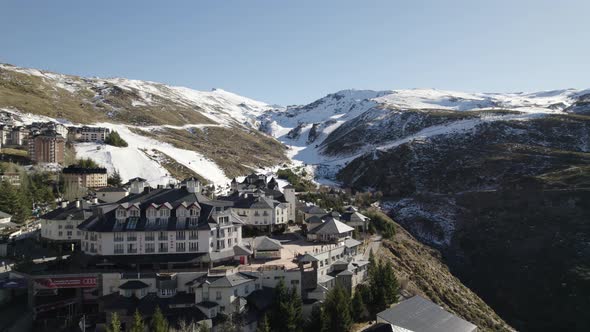 Ski resort hotel in Sierra Nevada, Spain. Aerial panoramic view