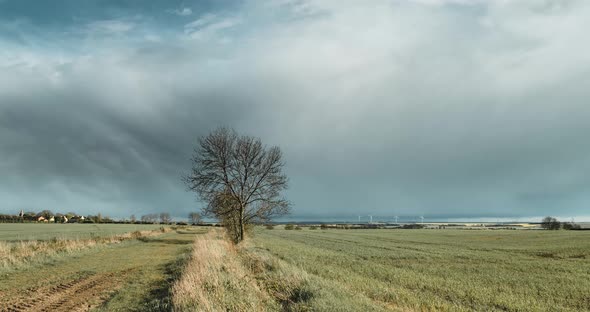 Moody Rainstorm Clouds Over Sunny Field Time Lapse