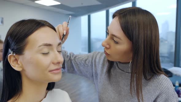 Makeup Artist Paints the Model's Eyebrows
