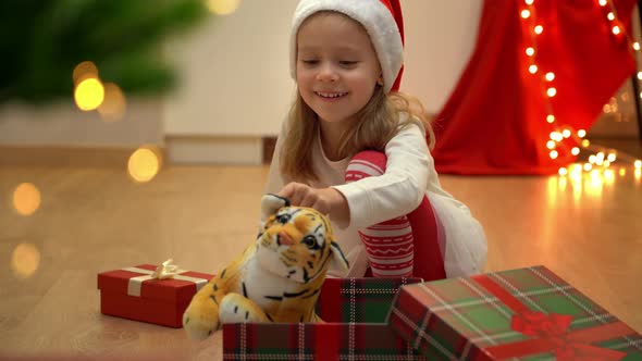 Happy Little Girl Sits with Open Box and Plays Toy Tiger Next to Christmas Tree alt