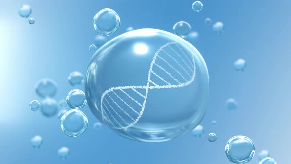 Clean Water Drop and Revolving DNA on Blue Bubble Loop Background