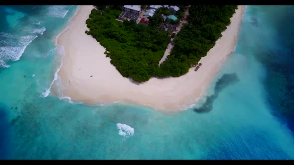 Aerial top down landscape of tranquil bay beach time by blue green sea and clean sandy background of alt