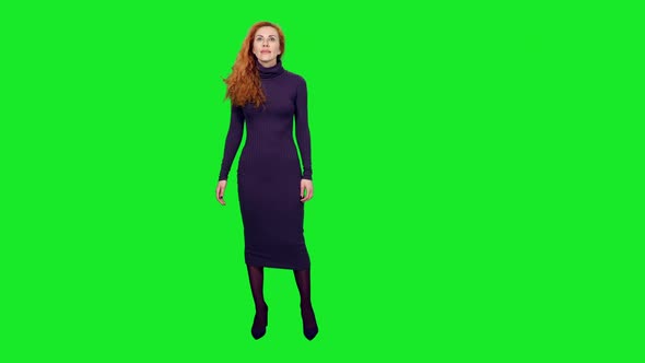 Elegant Woman Looking at Something and Waving Hand on Green Screen