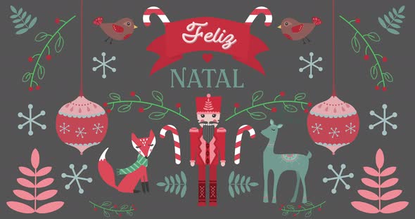Animation of Felig Natal words with animals on Christmas decorations background alt
