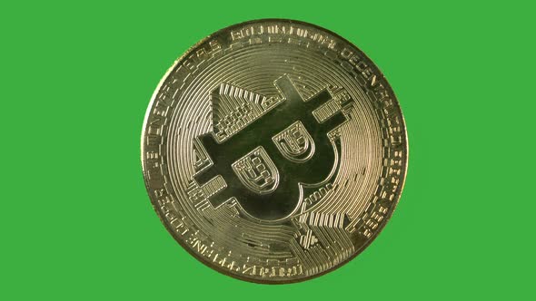 bitcoin coin that rotates irregularly around its own axis with a green background so it can be bette alt
