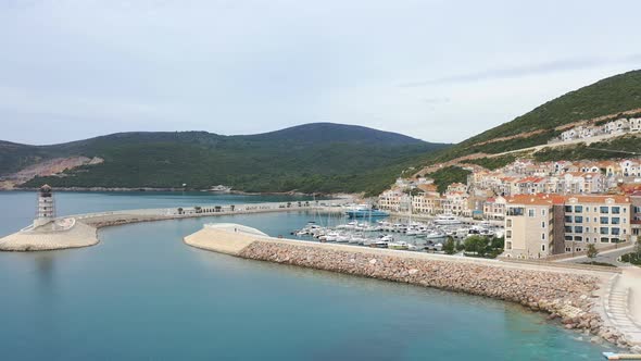 Aerial View of Lustica Bay Marina with Its Luxury Boats and Yachts, Montenegro alt