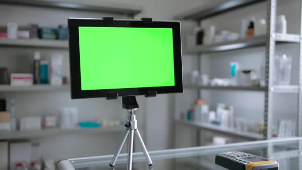 Wide Shot of Chromakeyed Digital Pad Indoor of Pharmacy Store alt