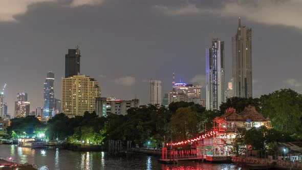 Timelapse Skyscrapers in Nightfall Downtown and River at Foreground alt