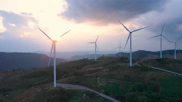 Windmills, Khao Kho, Phetchabun, Thailand. Aerial view generator electric power park system. alt
