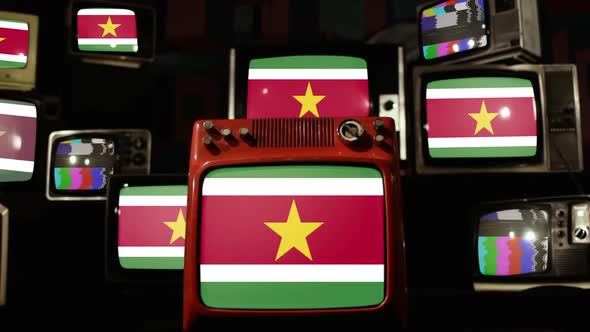 Suriname Flags on Retro TV Stack. alt