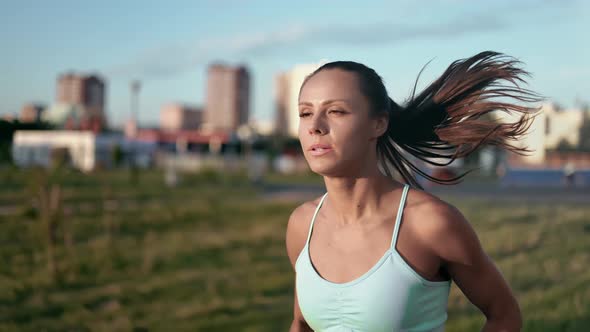 Closeup Exhausted Fitness Woman Running at Urban Industrial Cityscape Morning Training Outdoor alt
