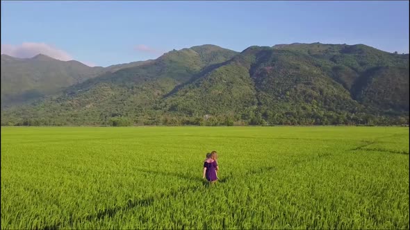 Aerial Backside View Woman Carries Girl in Arms Among Fields alt