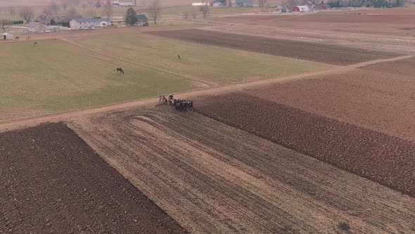 Aerial View of Amish Farm Worker Turning the Field in Early Spring alt