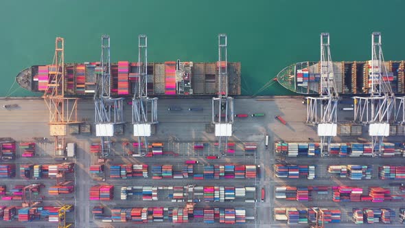 Aerial view port container terminal container ship in import export and business logistic.