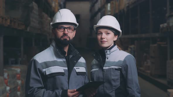 Portraits of a Man and a Woman in Warehouse at a Helmet, Uniform alt