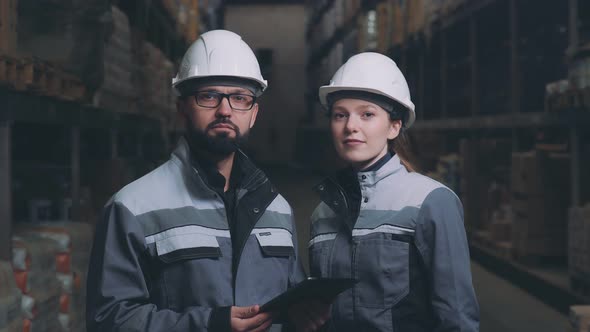 Portraits of a Man and a Woman in Warehouse at a Helmet, Uniform