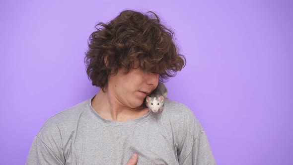 A Curious White and Gray Rat Crawling on a Man's Tshirt a Guy is Having Fun with a Pet Rat He is Not