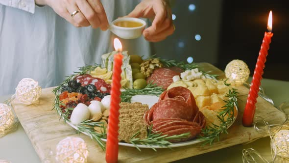 Flat Charcuterie with Salami Different Kinds of Cheese alt